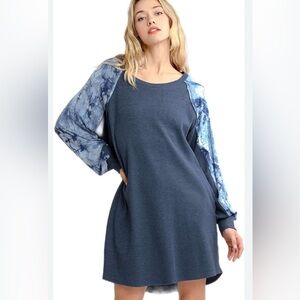 Umgee Navy Dress with Tie-Dye Sleeves
